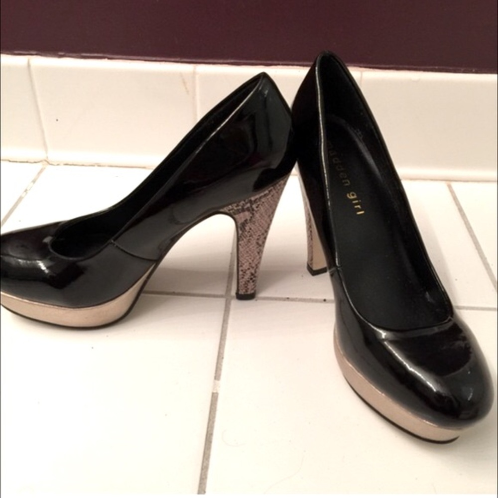 Madden Girl by Steve Madden Black Patent Python Heel with Gold Platform Heels